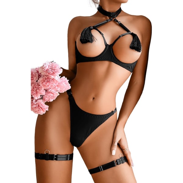 i&Shi Strappy Underkläder, Cutout, Tofs, 3-delade Boudoir Outfits Svart 12/14