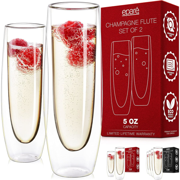 Gss Champagne Flutes - Set med 2 - Mousserande vinglas utan stam - 5 oz - Mimosa vinflöjt för bröllop Brudtärnafest och brudduschar -Eparé