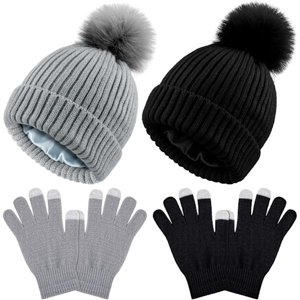 4 stycken dam vinter satin fodrade stickade pom pom mössor pekskärm handskar set