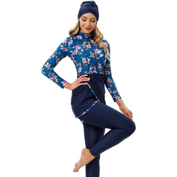 lim Badkläder för kvinnor Modest Baddräkt Burkini Top Byxor Hijab 3 delar Cover Print Simdräkt Islamisk Blå+ Blossoms Medium