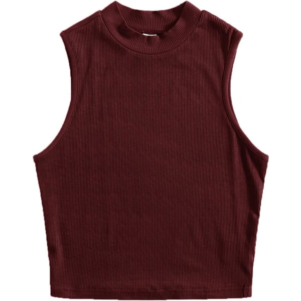 dusa Dam Basic Sleeveless Mock Neck Rib Knit Tank Crop Top Maroon Red Large