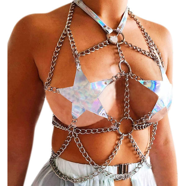 en's Punk Halter Halsband Kroppskedja Rave Hologram Kropp Bröst Sele Justerbar BH Bälte för Musikfestival EDM Club