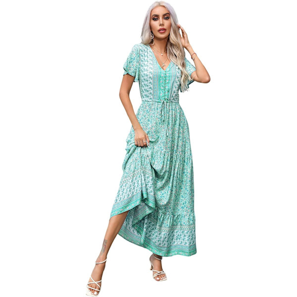 ivimos Dam Sommar Blommig Tryck Bomull Kortärmad Flytande Klänning Sagegreen X-Large