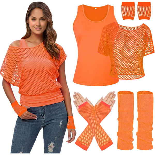 DPARTY Dam Casual Sexy 80-tals Kostymer Fishnet Neon Off Shoulder T-Shirt Två Delar, Fishnet Handskar, Benvärmare Orange X-Large