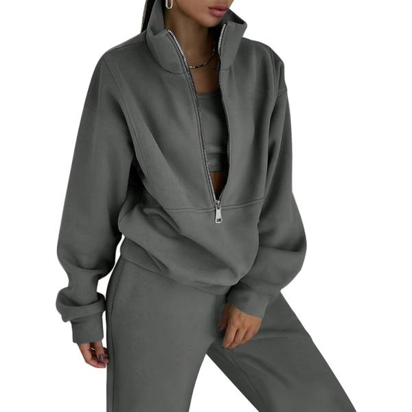 YPOIN dam fleece outfit tvådelad tröja med halv dragkedja och joggingbyxor Set Träningsoverall grå liten