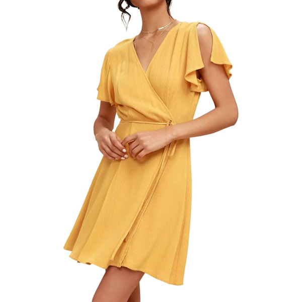 ivimos Dam Sommar Bomull Korta Ärmar V-Ringning Casual Wrap Miniklänningar Gul X-Large
