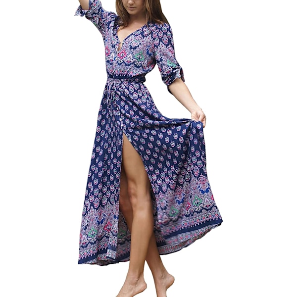 ivimos Dam Sommar Boho Knäppning V-hals Blommig Tryck Rulla Upp Avslappnad Split Strand Midi Klänningar Mörkblå Medium
