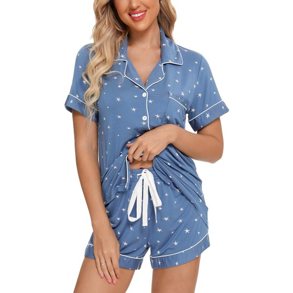 ng Dam Button Down Pyjamas Set V-hals Kortärmad Nattkläder Mjuka Pyjamas Set S-XXL, A Style Byxor Ingen A Style Inga Shorts Fickor-sjöblå Med Stjärna Smal