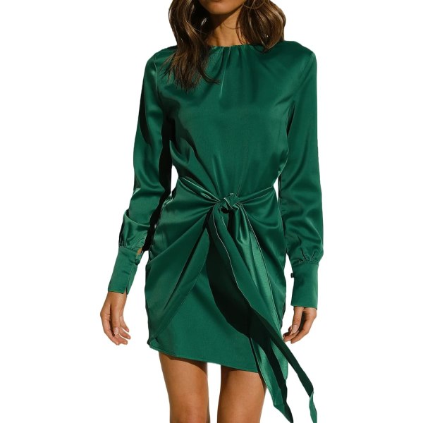 ivimos Satängklänning för kvinnor Långärmad Casual Ruched Tie Midja Fest Miniklänning Grön Medium