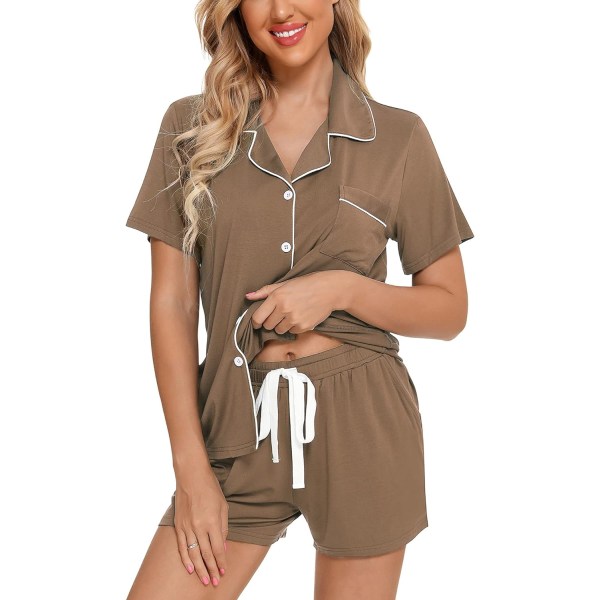ng Damkläder Knäppning Pyjamas Set V-ringning Korta Ärmar Sovkläder Mjuka Pyjamas Set S-XXL, A Stil Byxor Inga B - Brun (med Shortsfickor) Stor