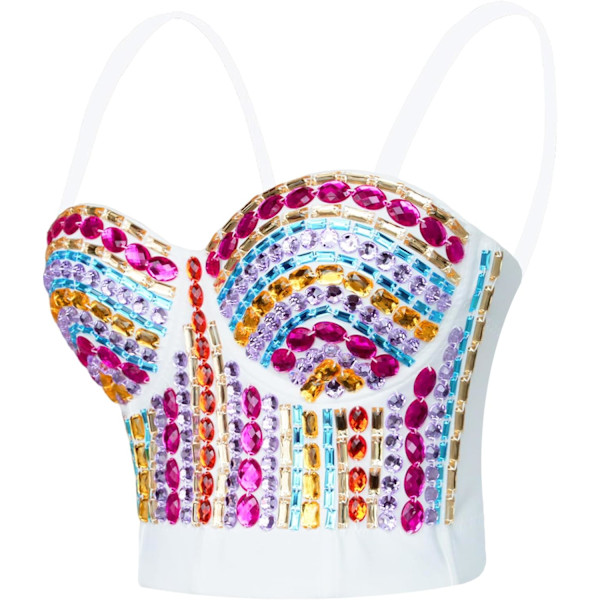 kiss Dam Sexy Rhinestone Bustier Push Up Crop Top Club Party Glitter Gemstone Korsett Topp BH Vit Medium