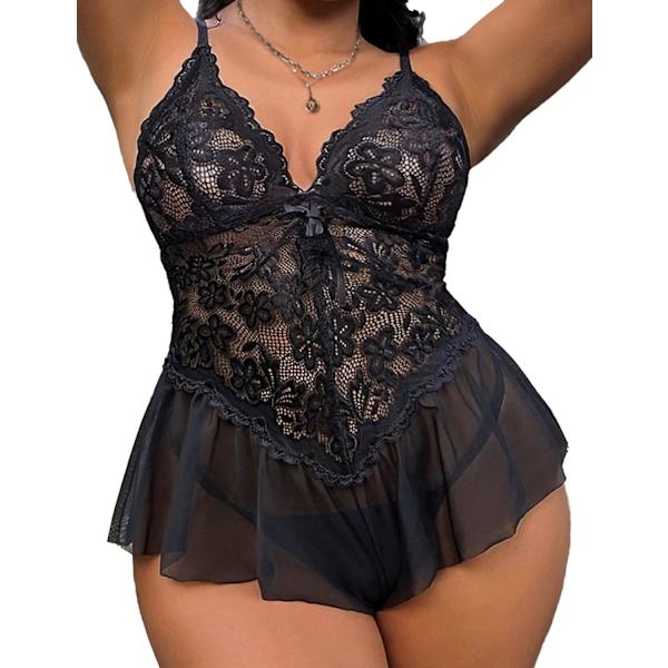 dlove Plus Size Lingerie för kvinnor Spets Bodysuit One Piece Teddy Babydoll Mesh Chemise V-ringad Nattkläder L-4XL Svart 4X-Large