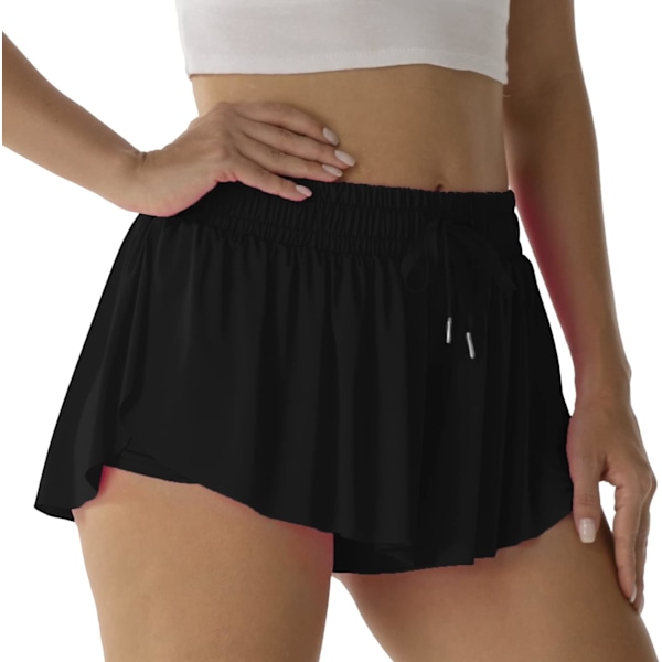 Sportshorts för kvinnor löpning tennis fjärilsshorts flickor 2-i-1 dubbla lager snabbtorkande bekväma shorts kol svart small