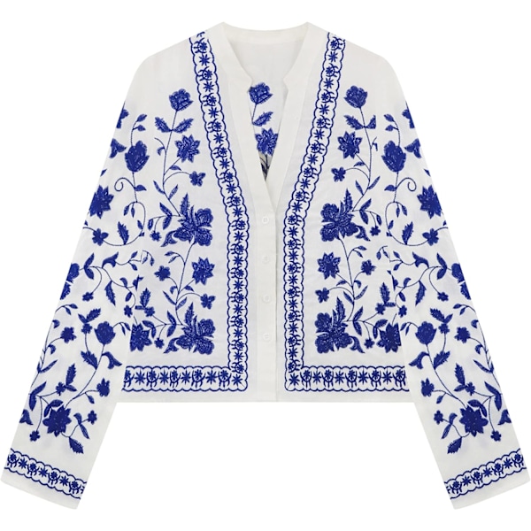 ivimos Dam Sommar Höst Bomull Långärmad Knapp Ned Floral Broderi Casual V-Ringad Kappa Jacka Vit Medium
