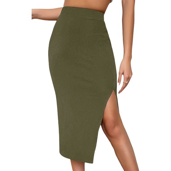 dusa Dam High Waist Slit Hem Rib Knit Midi Bodycon Kjole Army Brown Large