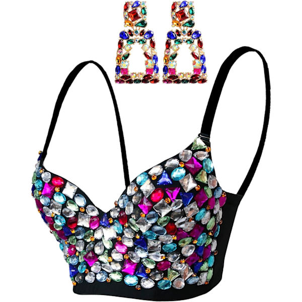 kiss Damkläder Sexig Färgglad Rhinestone Push Up BH Clubwear Fest Bustier Crop Top med Kristall Ädelsten Örhängen Flerfärgad Stor