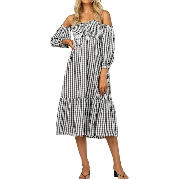 ivimos Sommarklänning för kvinnor Bomull Rutig Puffärmar Boho Off-Shoulder Casual Volang Flytande Midiklänning Svart-rutig X-Large