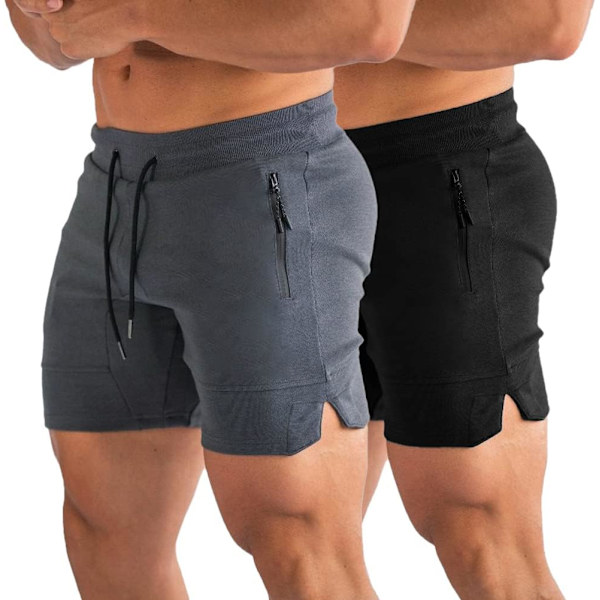 YM Herr 5\" Gym Träningsshorts, Åtsittande Jogging Shorts för Bodybuilding Löpning Träning med Dragkedjefickor Svart+mörkgrå Liten