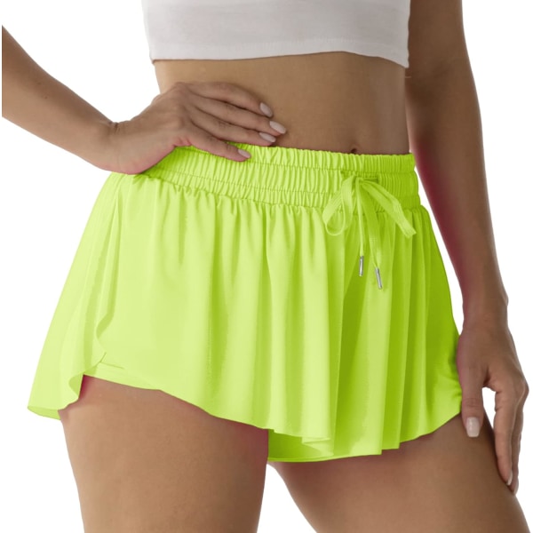 Sportshorts för kvinnor löpning tennis fjärilsshorts flickor 2-i-1 dubbla lager snabbtorkande bekväma shorts neon grön medium