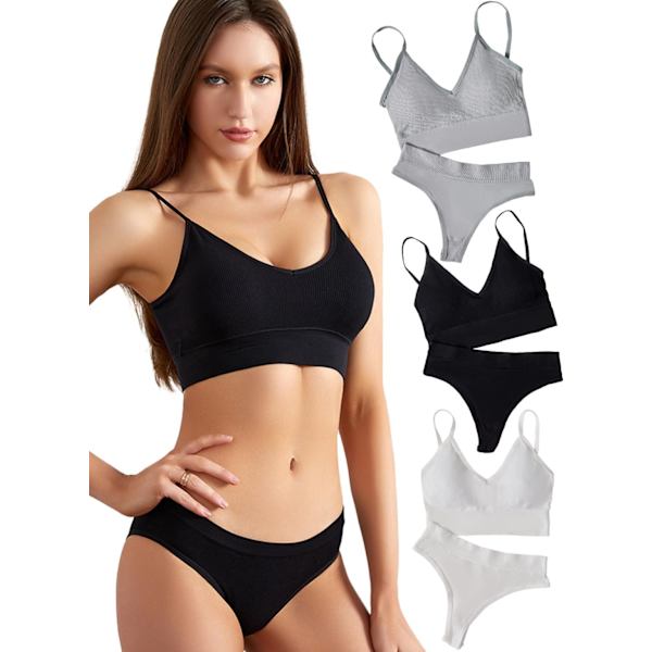 cto Dam 3-pack trådlös ribbad stickad behå och trosset matchande underklädesset Multi 2 X-Large