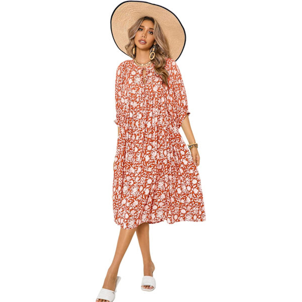 ivimos Dam Sommar Casual Midi Klänning Lykta Ärm Slips V-Hals Boho Blommig Tryck Lös Passform Flytande Långa Klänningar Orange Liten