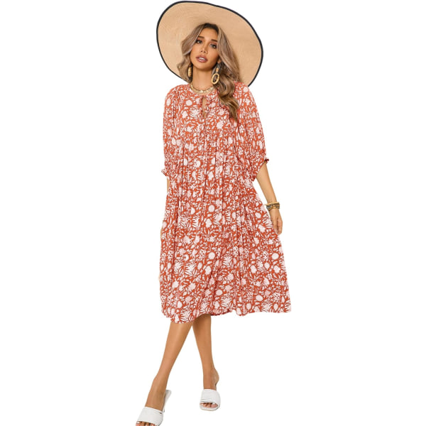 ivimos Dam Sommar Casual Midi Klänning Lykta Ärm Slips V-Hals Boho Blommig Tryck Lös Passform Flytande Långa Klänningar Orange Medium