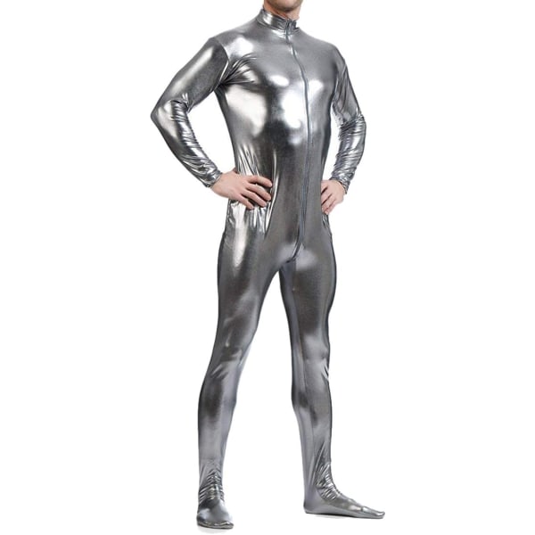 ksmile Unisex metallisk bodysuit Zentai utan huva Vuxen Glänsande One Piece Spandex Body Suit Halloween kostym Grå X-Large