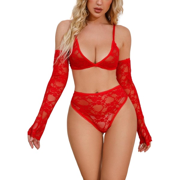 naly Yxinly Sexiga underkläder för kvinnor hög midja BH och trosor Set Babydoll Body med handskar Röd Medium