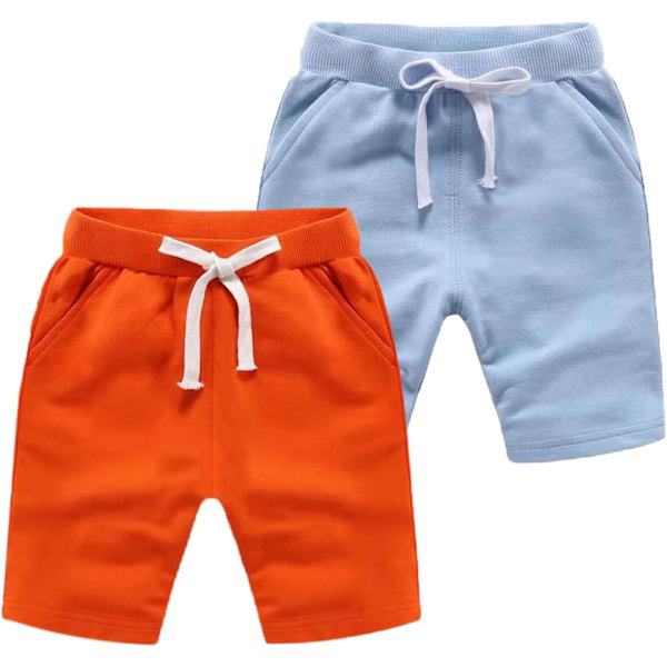 Xiang 2-pack stickade sportsshorts för pojkar och flickor, mjuka shorts med dragsko för småbarn och bebisar, orange och himmelsblå, 6 år