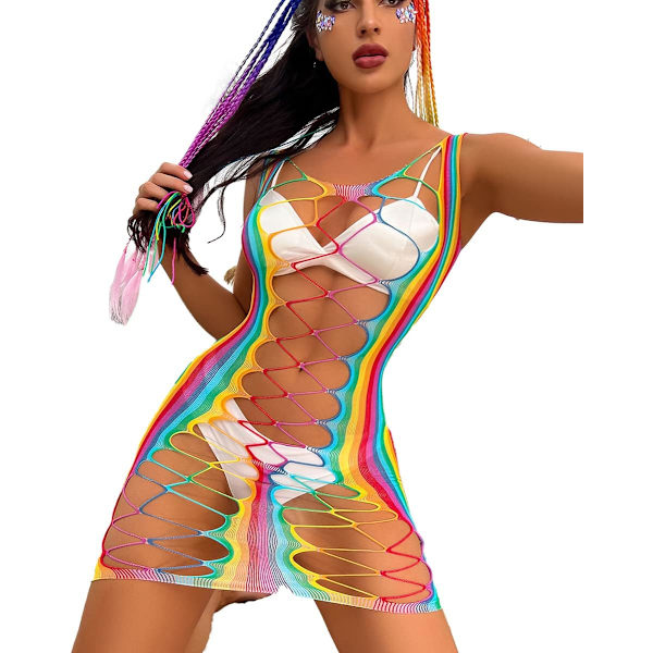 Sexig Teddy Rainbow Fishnet Chemise Hot Mesh Miniklänning Lingerie Babydoll Bodysuit Genomskinlig Cover Up Klänning Rainbow-sleevel En Storlek