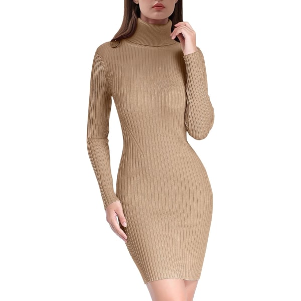 Kvinnor Turtleneck långärmad Bodycon Höst Vinter Mini Slim Knit Sweater Dress Khaki Large