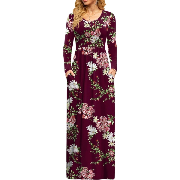 MOON Damkläder Casual Långärmad Maxiklänningar Empire Midja Lång Klänning med Ficka Blommor Bourgogne X-Large