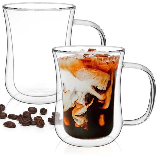Saf Dubbelväggiga Glaskaffemuggar (450 ml), Termiskt isolerade Borosilikatglasmuggar med handtag för te, kaffe, latte, cappuccino, varma och kalla drycker, 2-pack