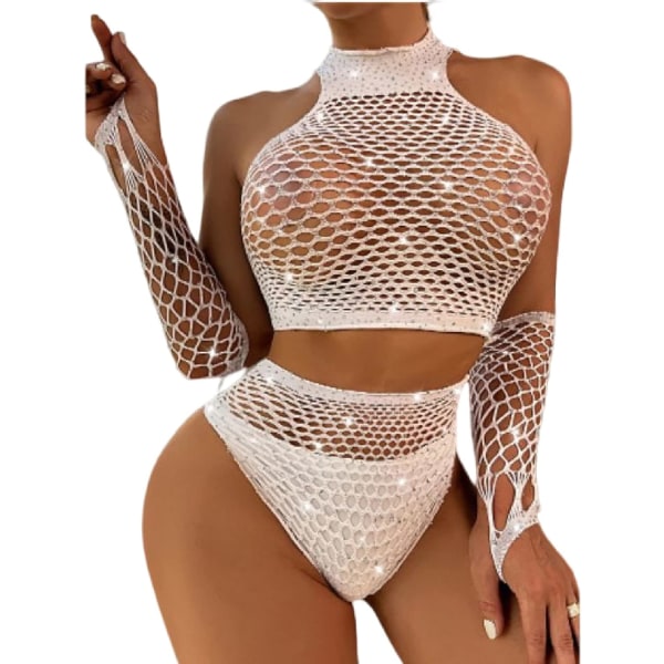 SATOP Kvinnor Fishnet Body Hollow out Teddy Underkläder Set Gorgeous Rhinestone BadyDoll White