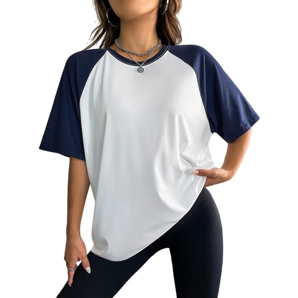 dusa Casual, kortärmad, färgblock, överdimensionerad t-shirt med rund hals för kvinnor, vit och marinblå liten