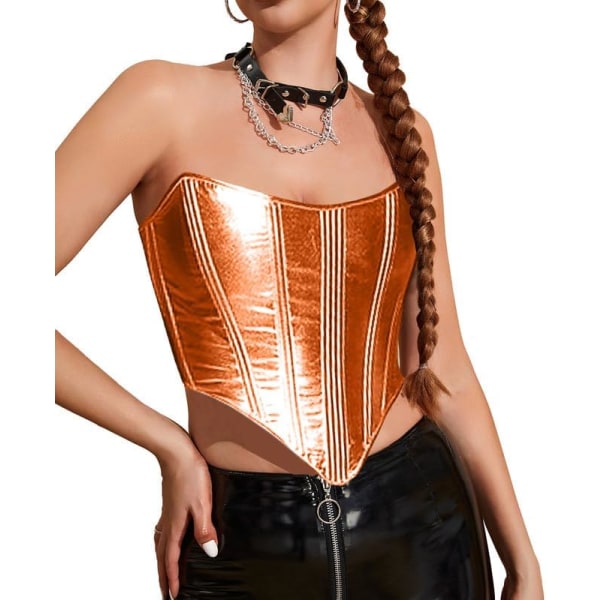 ay Korsetttoppar för kvinnor Metalliskt läderkorsetttopp Y2K Sexig axelbandslös Bustier Bodyshaper Orange Liten