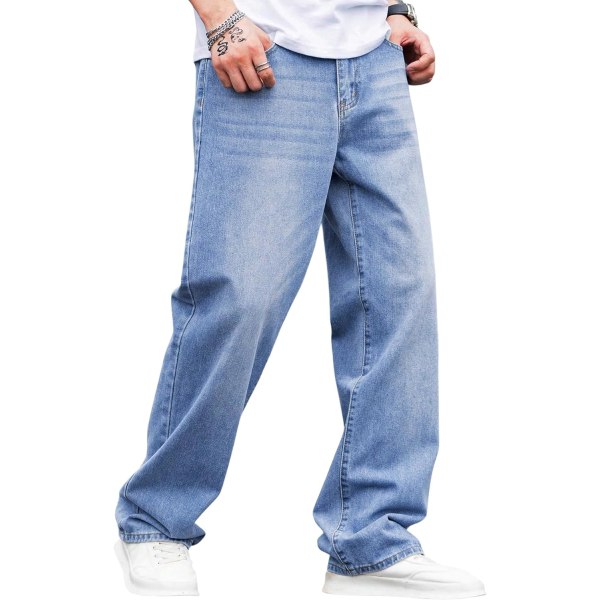 dusa lösa jeans med hög midja för män Baggy jeansbyxor med raka ben Byxor Medium Blå Large
