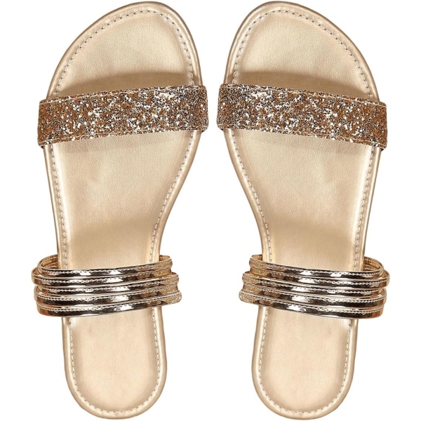 dusa Dam Metallic Strappy Platta Sandaler Sommar Slide Sandaler Casual Skor Guld Glitter 6.5