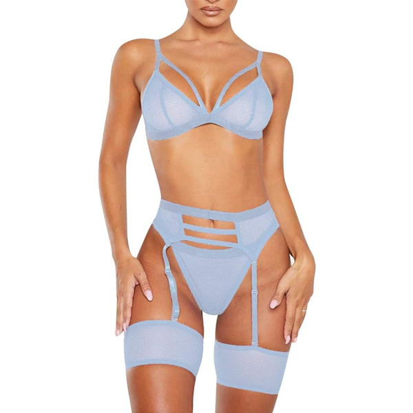 KOM Dam 3-delad nätlingerie set med strumpeband, rem bh och trosa Teddy Babydoll Bodysuit Bröllopslingerie Himmelblå Medium
