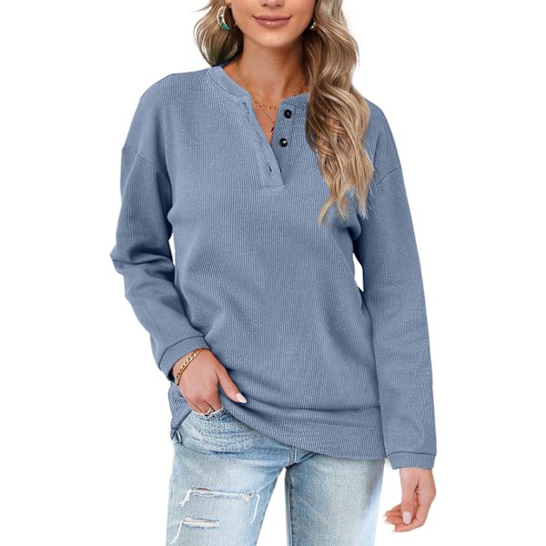 EFAN Dam Casual Sweatshirts Henley Button Up Långärmad Tunika Toppar 02-gråblå XX-Large