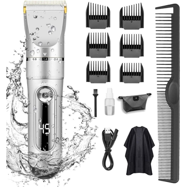 KUITA hårklippare, tyst LED-skärm, sladdlös uppladdningsbar hårtrimmer för män och barn, IPX7 vattentät hårklippningssats (silver)