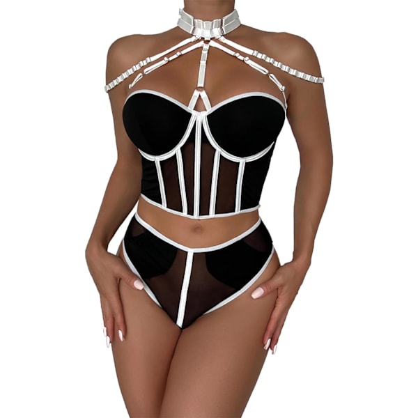 lamr Sexiga Damunderkläder Set 2 Delar Korsett Boudoir Konsertkläder För Kvinnor Behå Och Trosset Med Halsband Vit Och Svart X-Large
