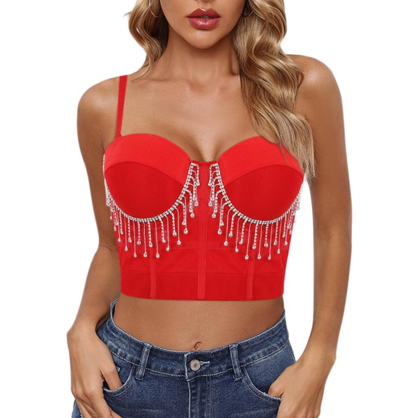 caela Dam sexig dragkedja fram Djup V-ringad volang Kortärmad linne Korsett Rave Club Crop Top Camisole Röd tofs Liten