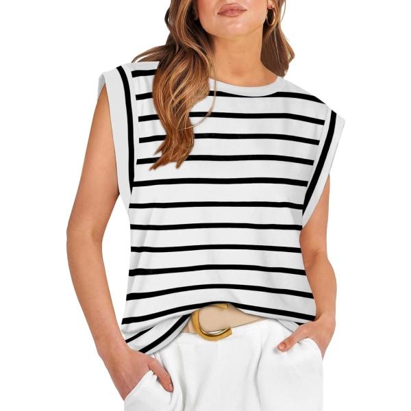 EFAN Cap Sleeve Tops för Dam Sommarskjortor Casual Linnen Basic Tee Shirts Loose Fit 2024 Trendig A-svart Stripe X-Large