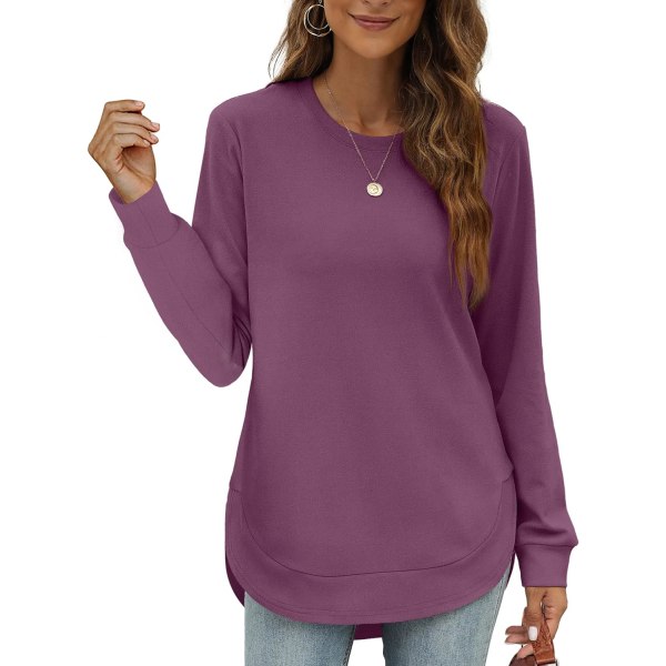 EFAN Damtröja Crewneck Långärmad tröjor för kvinnor Hög Låg Toppar Kurvad Fåll 12-fuchsia Medium