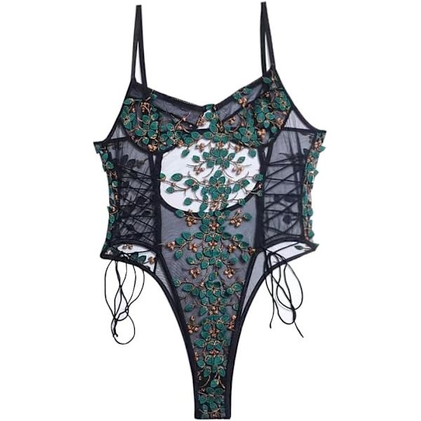 osy Kvinnor Sexig Spets Upp Blommig Broderad Teddy Lingerie Bodysuit Topp Mesh Sheer One Piece Grön 2# Medium