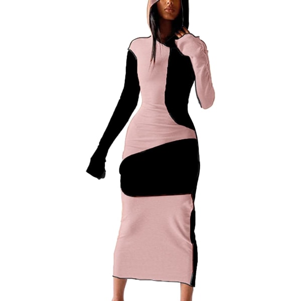 sv Sexig långärmad dam Bodycon Solid hoodie Patchwork Lång klänning med hög midja Rosa-svart XX-Large