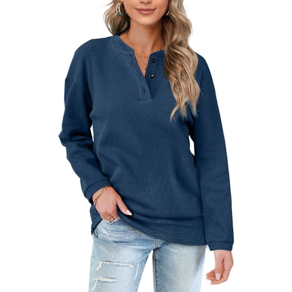 EFAN Dam Casual Sweatshirts Henley Button Up Långärmad Tunika Toppar 16-marinblå XX-Large