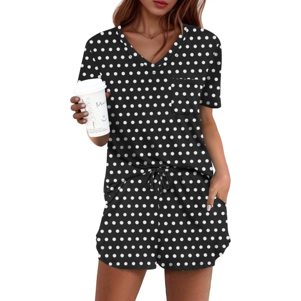 MOON Damkläder Pyjamas Set 2-delat Lounge Set Söt Kort Pyjamas Med Ficka Sovkläder Prickig Svart XX-Large