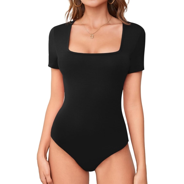 LASI Bodysuit med fyrkantig hals för kvinnor, kort ärm Slim Fit Basic Stretchy Body Suit Dubbelfodrad skjorta Toppar 01 Svart XX-Large